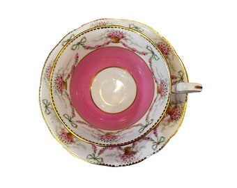 Rare pink aynsley Handpainted bow tie swag pink rose tea cup and saucer, English bone china, gift for her bow tie