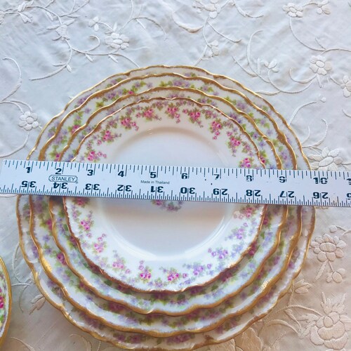 French Limoges bridal wreath shops pink purple rose 8 pc dinner set, tea cup and saucer, side plate, dinner set gift for her