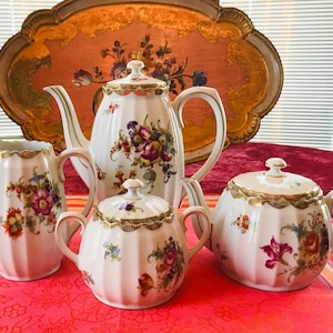 Vintage German Wittenberg complete tea and coffee set, tea pot , coffee pot, creamer and sugar, made in Germany, european floral porcelain