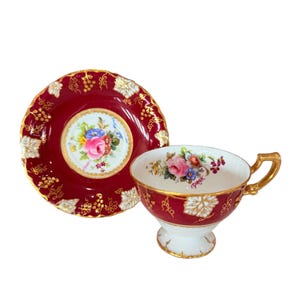 Royal Crown Derby “Vine” Tea cup and saucer hand painted rose and grapevine signed by Artist, bone china vintage England. Price for Each set