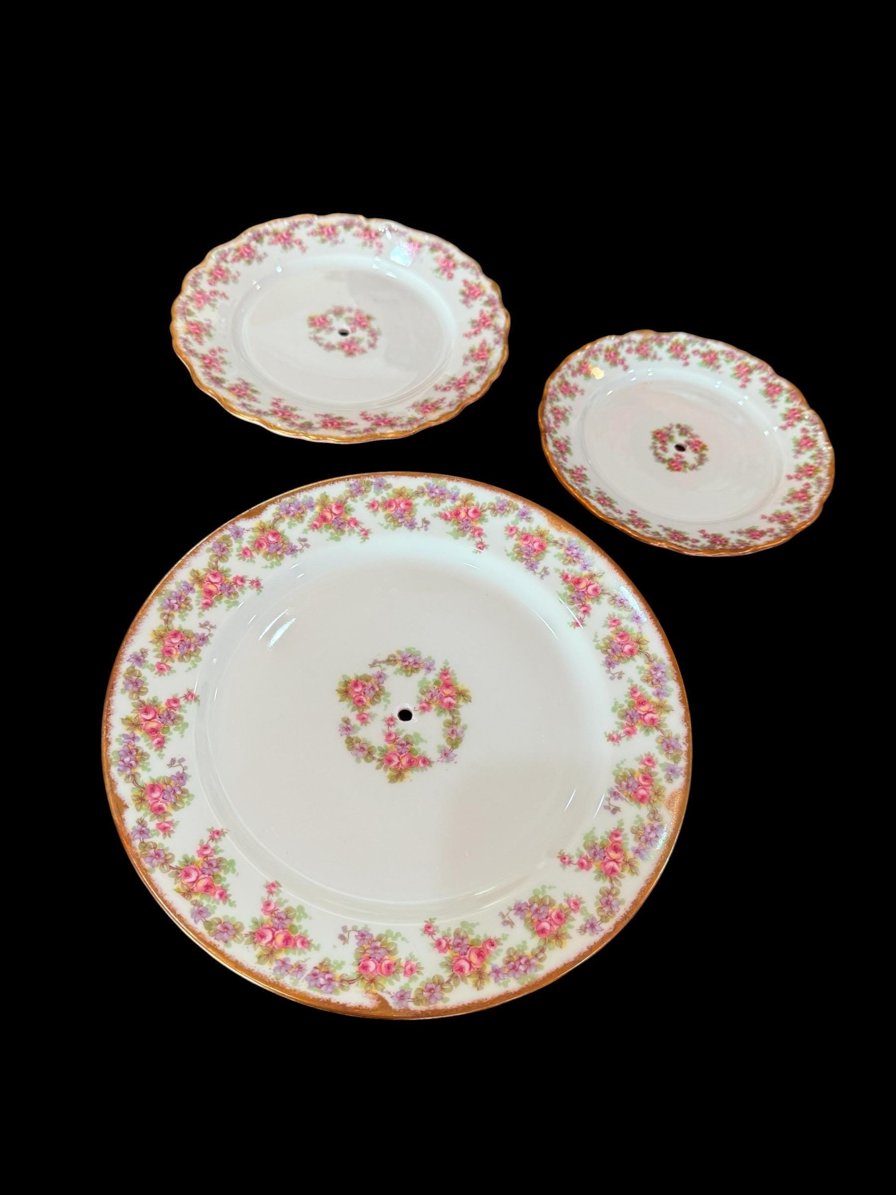 Support à Gâteaux 3 Niveaux Personnalisé - Assiettes Anciennes Limoges Porcelaine - Style Tea Party