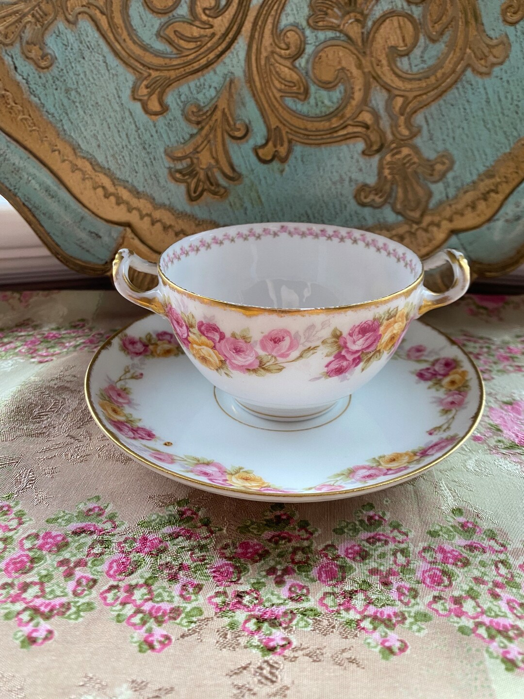Vintage Elite Works Limoges France Double Handled Tea Cup and Saucer ...
