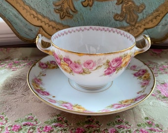 Vintage elite works limoges france double handled tea cup and saucer with pink roses