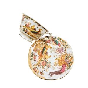 Antique hand painted large Royal Crown Derby Olde Avesbury tea cup and saucer bone china England, bird tea cup, classic English bone china