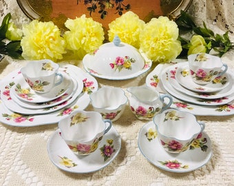 Sold individually Shelley “Begonia” Pattern Fine Bone China England Tea/Dinner Set, Dinner Plates, Vegetable Dish, Tea Cups and Saucers….