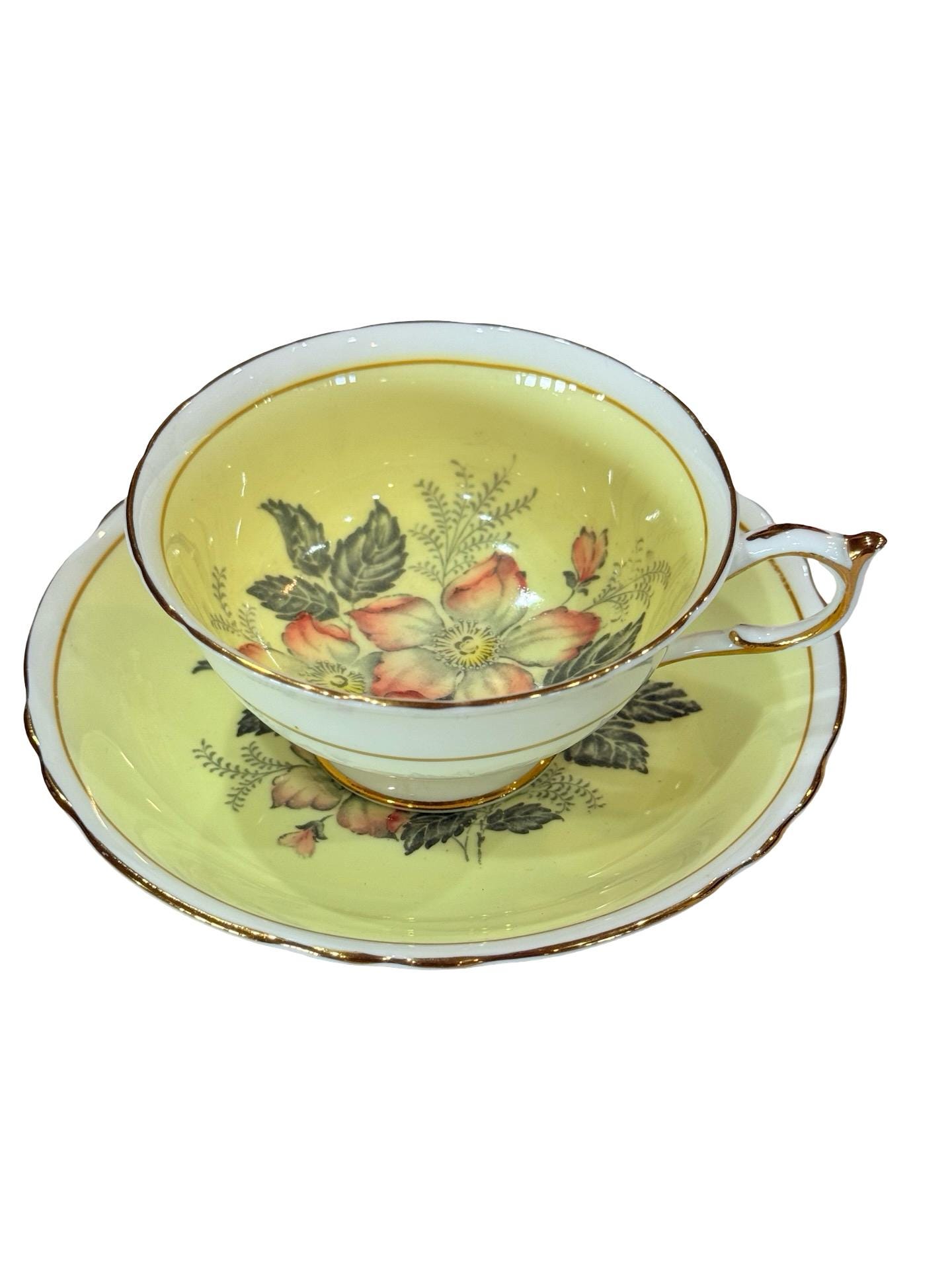 Paragon Dogwood Flowers Tea Cup and Saucer With Yellow Background