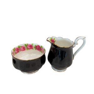 Royal Albert old English pattern Creamer and Sugar Bowl black with pink roses bone china England. gorgeous serving pieces.