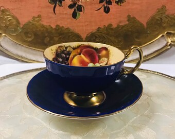 Vintage Aynsley Cobalt Blue Heavy Gold Handle with Orchard Fruits Tea Cup and Saucer, peach grape fruit Bone China England. Gorgeous Gift.