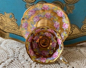 As is rare vintage Queen Anne all gold floating pink rose wide mouth tea cup and saucer, collectible English bone china