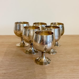 Vintage Set of Silver Plated Sherry Liqueur Glasses, patina, set of 6