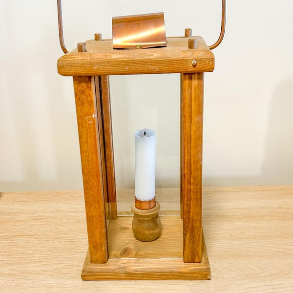 Vintage Hand Made Wood and Copper Candle Lantern with Glass Panes and Handle