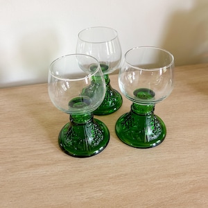 Vintage Glass Wine Goblets with Green Stems and Fruit Motif, Set of 3