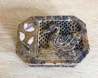 Vintage Intricate Carved Bird Soapstone Trinket Box with Floral Inlay