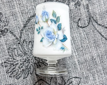Vintage Frosted Glass Pedestal Blue Floral Small Vase
