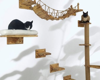 Katzenbett aus Naturholz, Katzenbrücke, Katzenregale, Katzenwandmöbel