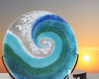 Fused Glass Art Panel Round Crashing Ocean Waves | Rolling Breaking Wave Sea Blue Glass