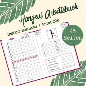 Puede incluir: Un libro de trabajo rosa y verde con el título "Hangeul Arbeitsbuch" y el texto "Descarga instantánea | Imprimible". El libro de trabajo tiene 45 páginas y presenta un cuadro del alfabeto coreano con la letra "a" y la palabra "아이" escrita en coreano.