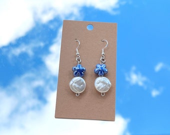 Blue Flower & Pearl Earrings