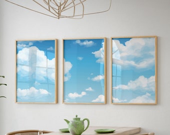 Rosapreto set of 3 Framed Canvas Wall Art Blue Watercolor Abstract Clouds Painting Print Set Landscape Print Set Decoration for Office