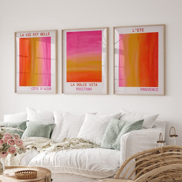 Framed Canvas Wall Art Set of 3 Abstract Pink Orange Color Block La Dolce Vita Prints Minimalist Modern Art Boho Decor for Livingroom