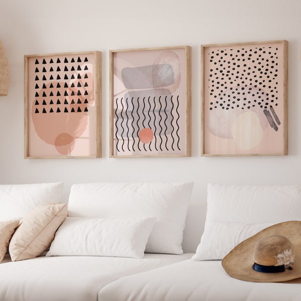 Framed Canvas Wall Art Set of 3 Pastel Color Blocks Prints Abstract Illustrations Minimalist Modern Art Boho Decor for Living room Office