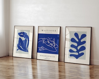 Rosapreto set of 3 Framed Canvas Wall Art Henri Matisse Wall Art The Essence of Life Minimalist Blue Print Set Decoration for Living Room