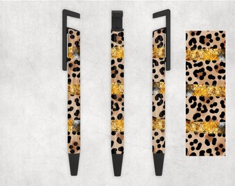 May include: A set of three pens and a pattern swatch. The pens feature a leopard print design with black spots, gold foil accents, and black clips. The pattern swatch shows the leopard print and gold foil design.