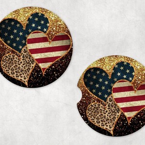 Leopard Stars and Striped Hearts Car Coasters Glitter Hearts Coaster for Car Patriotic Coaster