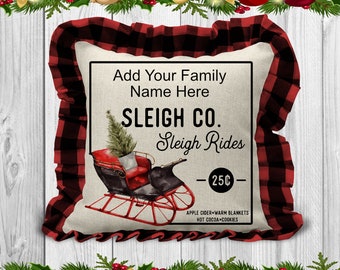 Personalized Name Christmas Pillow Case, Sleigh Rides Pillow, Christmas Pillow, Satin, Linen, Buffalo Plaid Pillow Case, Holiday Pillow.