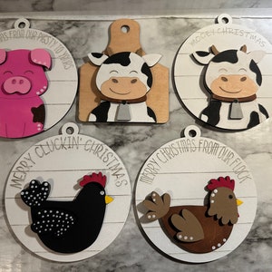 Farm Animal Christmas Ornaments, Mooey Christmas Ornament Set, Cow Ornament, Chicken Ornament, Pig Ornament, Christmas Ornament.