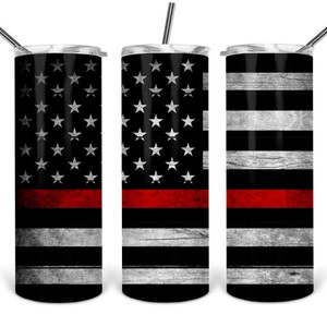 May include: Three stainless steel tumblers with a red, white, and black American flag design. The flag has a thin red line across the middle.