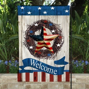 Americana Star Wreath American Flag Garden Flag Welcome Flag Single Double Sided Spring Summer Flag Custom Garden Flag.
