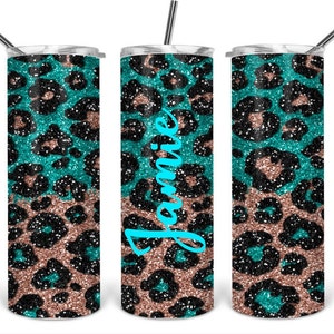 Teal and Rose Gold Leopard Cheetah Personalized Cup Tumbler or 4 in 1 Tumbler or Glitter Tumbler Custom Cup Hot and Cold Cup