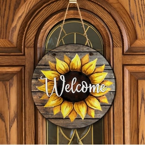 Sunflower Welcome Personalized Door Hanger Sign Welcome Sign 12&quot; Round Door Hanger Custom Personalized Door Sign