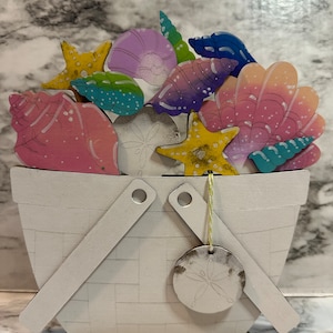 Flower Basket Interchangeable Basket Topper, Seasonal Sign, Seashells Beach Sign, Holiday Decor.