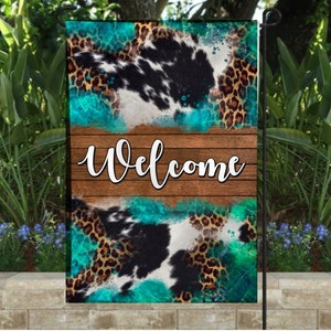 Welcome Garden Flag Sunflower Cow Leopard Cheetah Print Teal Garden Flag Welcome Flag Single Double Sided Spring Summer Flag