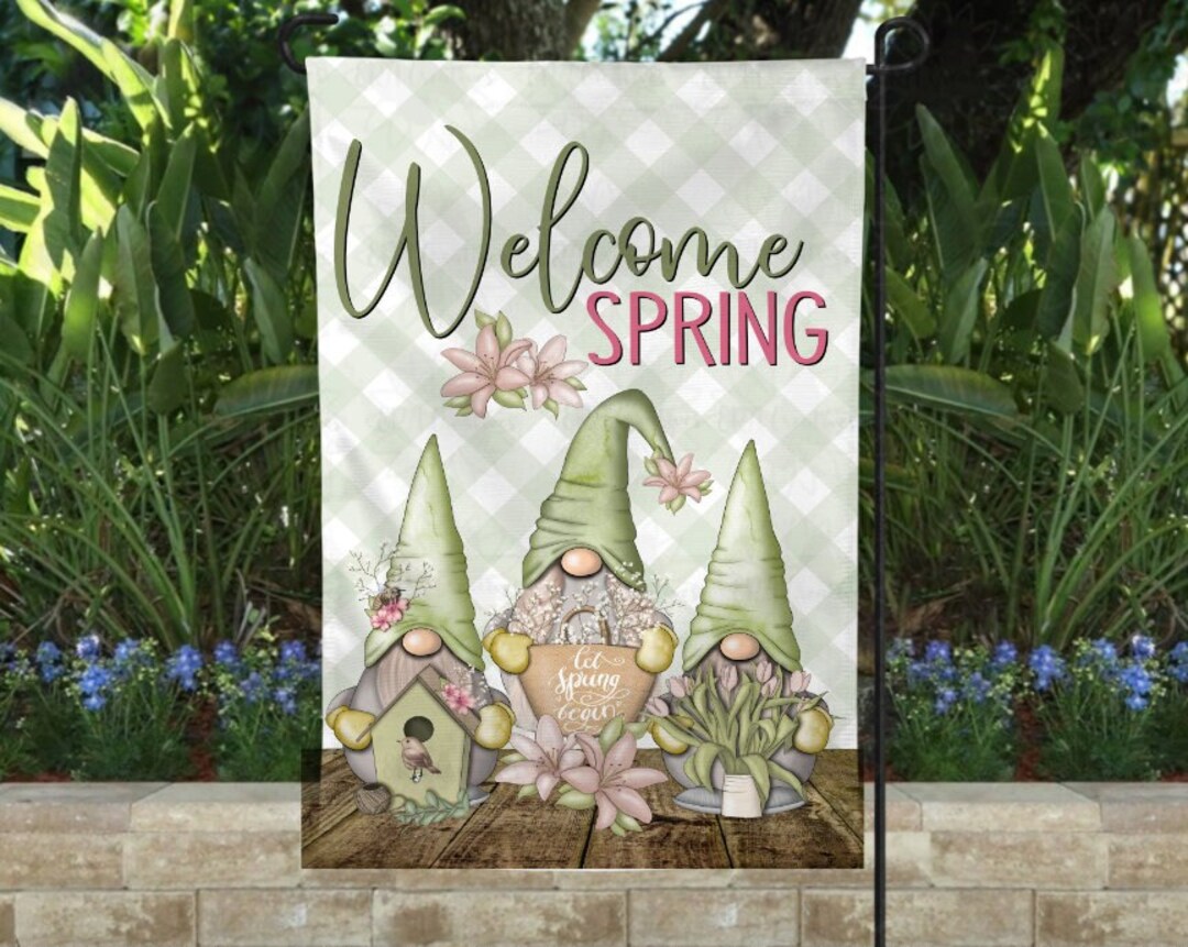 Welcome Spring Gnome Welcome Garden Flag Welcome Flag Personalized ...