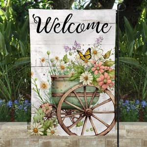 Welcome Flower Cart Welcome Garden Flag Welcome Flag Personalized Double Sided Spring Summer Flag