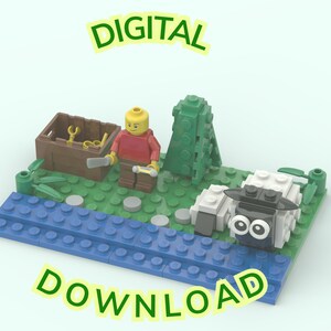 Op de afbeelding: Een Lego-diorama met een minifiguur met gereedschap, een schaap en een boom. De scène bevat een blauw waterelement en groen gras. De woorden "DIGITAL DOWNLOAD" worden in het groen weergegeven.