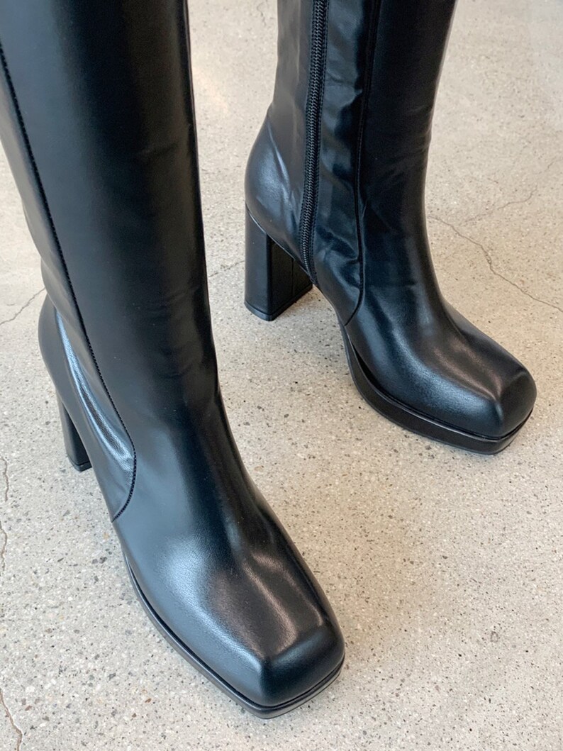 Womens Angular Square Toe Knee High Platform Boots Etsy