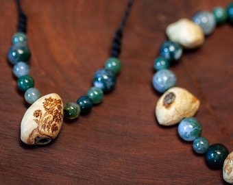 Fern - Tree Bead Jewelry Set - Macrame Necklace & Bracelet - Pyrography - Moss Agate - Adjustable - Natural Jewelry - Unique Piece - Forest Jewel