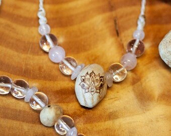 Lotus - Tree Bead Jewelry Set - Macrame Necklace & Bracelet - Rose Quartz - Adjustable - Pyrography - Unique Piece - Lucky Charm - Forest Jewels