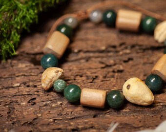 Waldjuwelen Armband - Baumperlen & Apfelbaumholz - verstellbar - Moosachat - Naturschmuck - Unikat - Hexenei - Waldliebe - Glücksbringer
