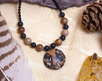Cone Amulet - Sequoia Amulet - Lava & Jasper - Macrame Necklace - Handmade - Unique Piece - Natural Jewelry - Giant Sequoia - Forest Magic
