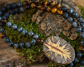 Sequoia Mala - Mammutbaumzapfen - Lava - Tigerauge - Labradorit - Kraftkette - geknotet - handmade - Unikat - Naturschmuck