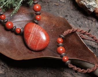 Roter Jaspis - Schmuckset - Kette & Armband - Makrameeschmuck - Edelstein - Einzelstück - Naturschmuck - handmade