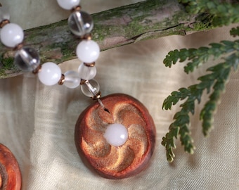 Avocado pit necklace - spiral & sun - rock crystal - Malaysian jade - sustainable - natural jewelry - unique piece - upcycled