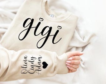 Sweatshirt Gigi personnalisé, col rond avec prénoms petits-enfants, cadeau grand-mère