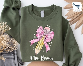 Custom Teacher Sweatshirt, Personalized Pencil & Bow