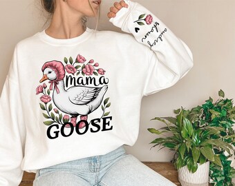 Custom Mama Goose Sweatshirt, Mama Goose Sweater with Kid Names on Sleeve,Goose Sweatshirt, Pregnancy Shirt Bow, Personalized Gift for